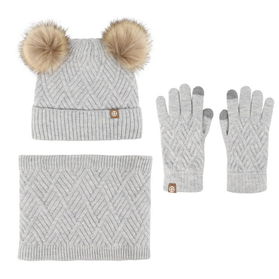 Wovilon 4-8 Years Old Children's Winter Wool Warm Set Knitting Hat Bib Gloves Three Piece Set Plus Wool Ball Hat Three Piece Set