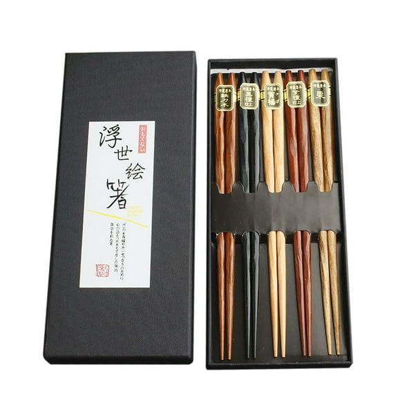 Wovilon 5 Pairs Wood Chopsticks Reusable Japanese Classic Style Natural Wooden Chop Sticks Gift Set, Lightweight Easy To Use Chopsticks, Dishwasher Safe