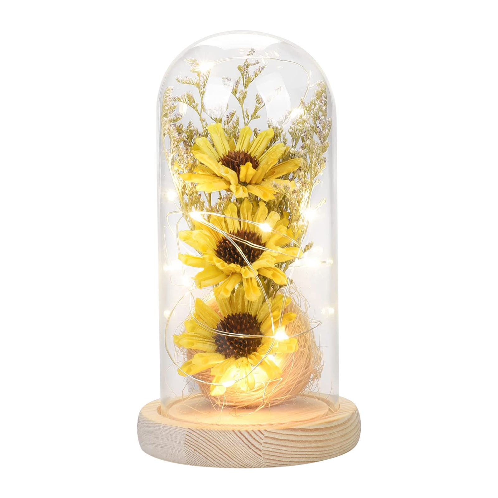 Wovilon Artificial Sunflower In Glass Dome With Led Light Strip