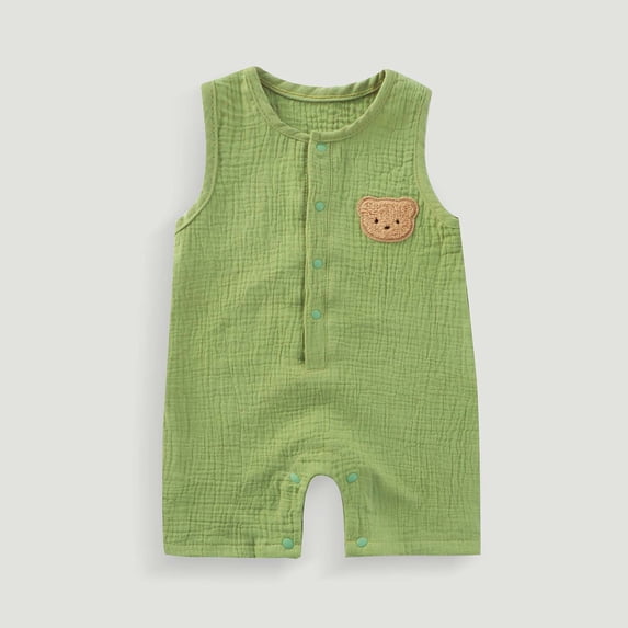 Wovilon Baby Sleeveless Romper, Bear Embroidery Snap Button Bodysuit, Soft Cotton Gauze Summer One-Piece Jumpsuit, Lightweight Breathable Playsuit for Infant Boys and Girls