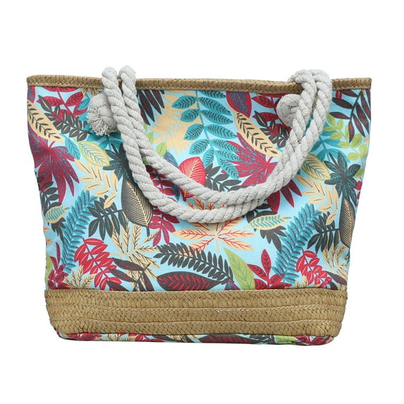 Wovilon Beach Bag For Women Blue Print Leaves Pattern Summer Large Beach Tote Bag Travel Canvas Handbag Zipper Closure Shoulder Bag