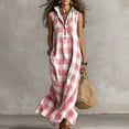 thumbnail image 1 of Wovilon Chic Women's Sleeveless Collared Half-Button Placket Gingham Plaid Maxi Dress with Side Pockets, Relaxed Fit Lightweight Summer Vacation Beach Casual Everyday Wear, 1 of 7