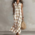 thumbnail image 1 of Wovilon Chic Women's Sleeveless Collared Half-Button Placket Gingham Plaid Maxi Dress with Side Pockets, Relaxed Fit Lightweight Summer Vacation Beach Casual Everyday Wear, 1 of 7