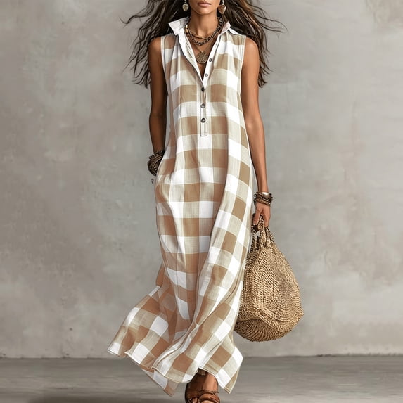 Wovilon Chic Women's Sleeveless Collared Half-Button Placket Gingham Plaid Maxi Dress with Side Pockets, Relaxed Fit Lightweight Summer Vacation Beach Casual Everyday Wear