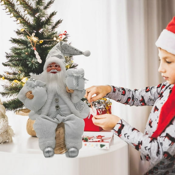 Wovilon Christmas Sitting Santa Hand Crafted Cute Chic Silver Santa Claus Figurines Doll with Gift Bag Christmas Decoration for Home Office Table Xmas Party Ornament Gift (13 inch)