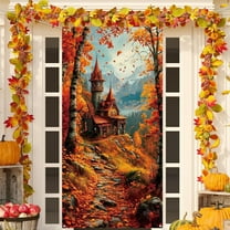 Wovilon Door Cover Pumpkin Castle Thanksgiving Background Decoration