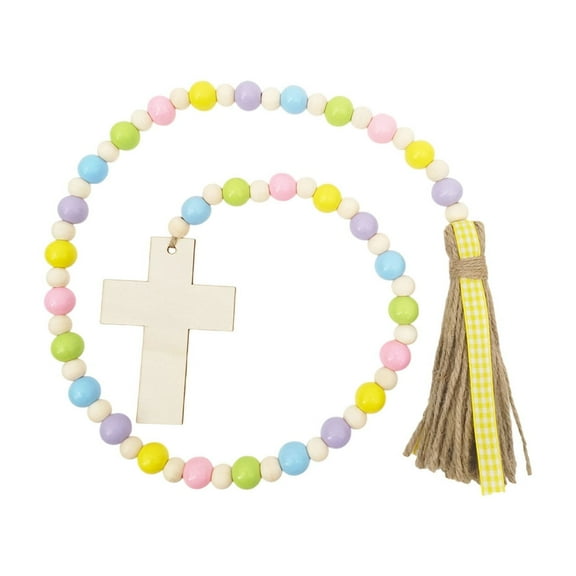 Wovilon Easter Wooden Bead Garland Farmhouses Decorative Wooden Bead Rosary Tassel Garland Wall Hanging Ornament With Crosses For Tiered Tray