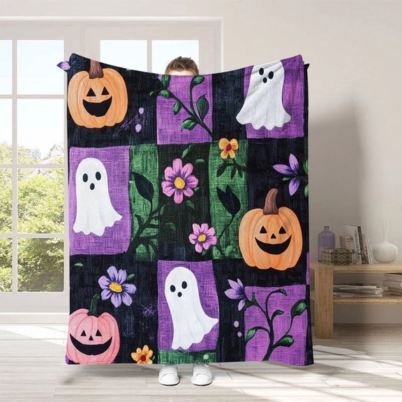Wovilon Flannel Blanket Ghost Print Halloween Shawl Blanket All Seasons Blanket