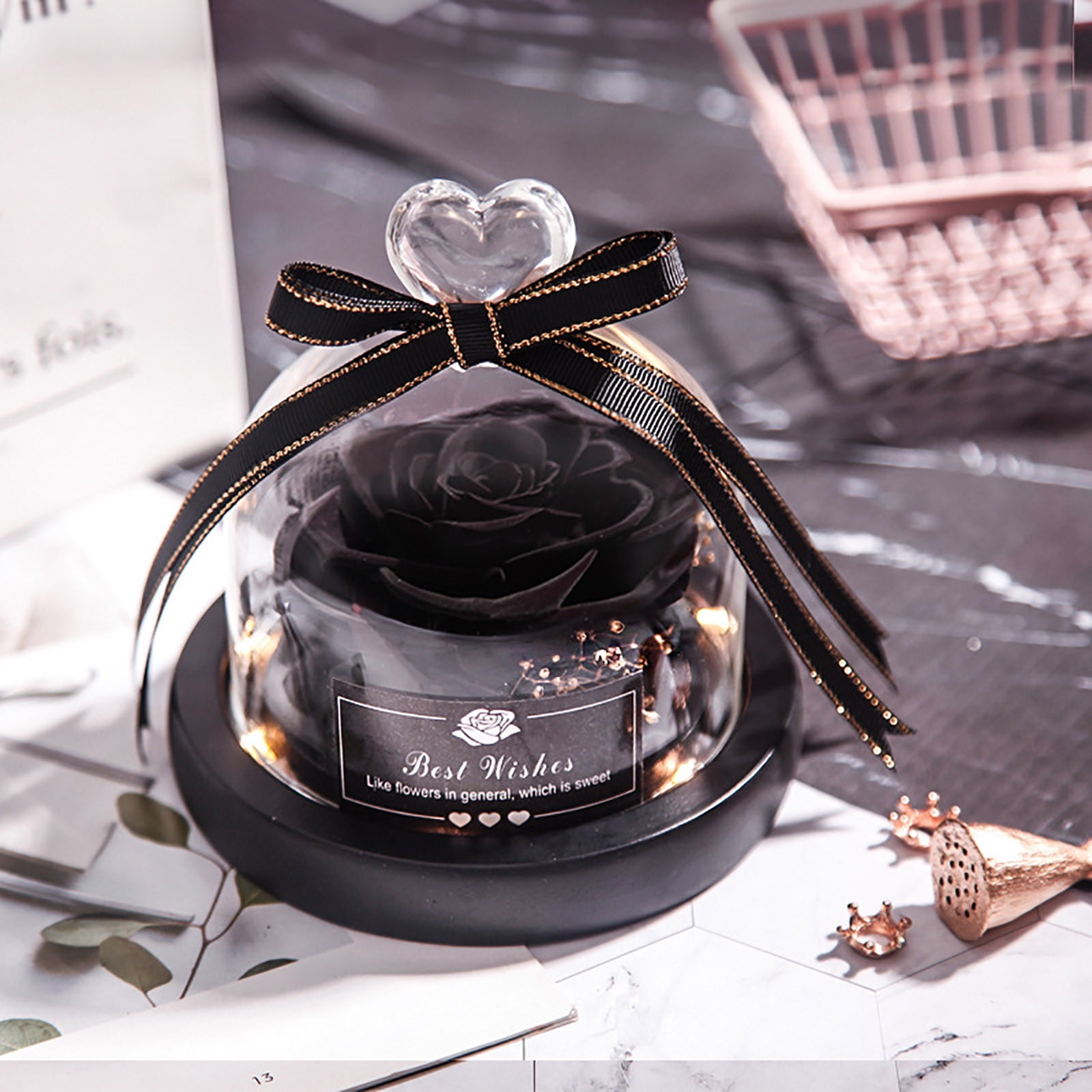 Wovilon Forever Preserved Rose in Glass Dome(Black), Gift Flower, Rose