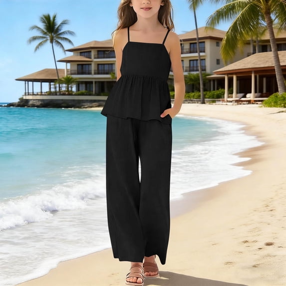 Wovilon Girls' 2-Piece Cotton Linen Set with Adjustable Straps, Peplum Top and Wide Leg Pants with Pockets, Casual Summer Outfit for Vacation and Daily Wear