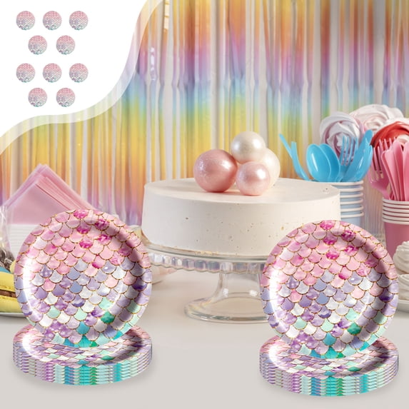 Wovilon Girls Birthday Party Decoration Colorful Scale Paper Plates Paper Cups Tissue Paper Tableware Set Exquisite Party Theme Disposable Tableware