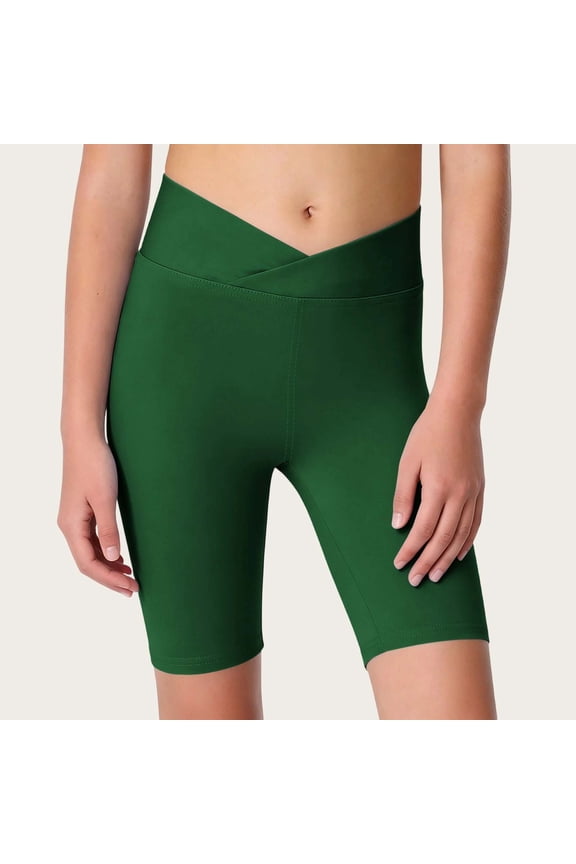 Girls' Crossover V-Waist Biker Shorts with Slim Fit and Stretch Fabric, Solid Color Athletic Workout Bottoms for Summer Sports and Everyday Wear