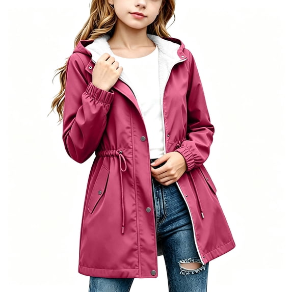 Wovilon Girls Fleece Lined Rain Jacket Hooded Water-Resistant Windbreaker Coat with Pockets Drawstring Waist for Fall Winter Outdoor Wear