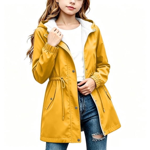 Wovilon Girls Fleece Lined Rain Jacket Hooded Water-Resistant Windbreaker Coat with Pockets Drawstring Waist for Fall Winter Outdoor Wear