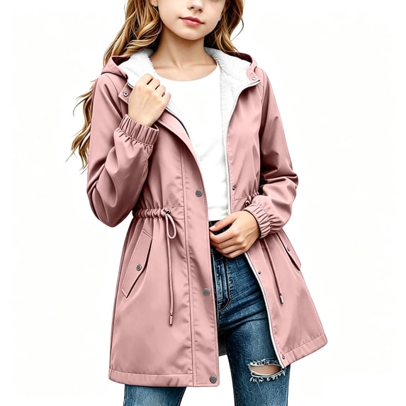 Wovilon Girls Fleece Lined Rain Jacket Hooded Water-Resistant Windbreaker Coat with Pockets Drawstring Waist for Fall Winter Outdoor Wear