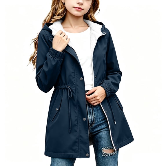 Wovilon Girls Fleece Lined Rain Jacket Hooded Water-Resistant Windbreaker Coat with Pockets Drawstring Waist for Fall Winter Outdoor Wear