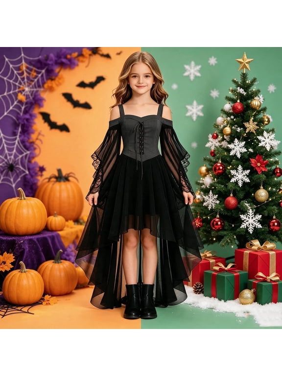Girls Gothic Halloween Party Dress Cold Shoulder Lace Sleeves High Low Mesh Skirt Lace Up Front for Holiday Events