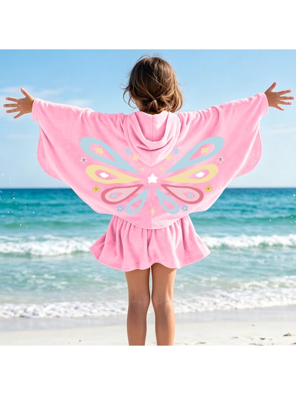 Girls Hooded Beach Cover Up Towel, Long Sleeve Zip Up Terry Cloth Bathrobe, Quick Dry Kids Swimsuit Wrap for Pool Beach Vacation 2-11 Years