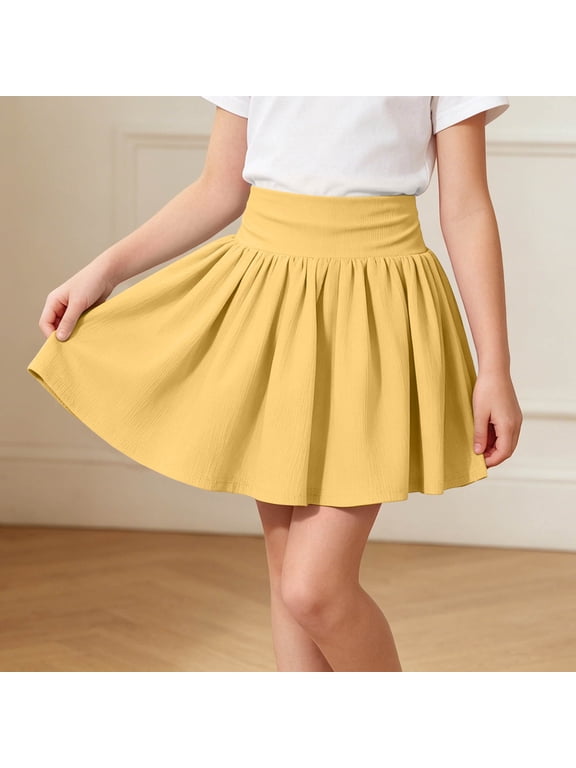 Girls' Ribbed Knit Skort with Built-in Shorts, High Waist A-Line Mini Skirt with Wide Elastic Band, Solid Color Stretch Sports Skirt for Kids and Teens