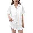 thumbnail image 1 of Wovilon Girls' Satin Matching Set Ruffled Hem Short Sleeve Button Down Top and Shorts 2 Piece Silky Soft Comfortable Kids Casual Home Outfit Style, 1 of 6