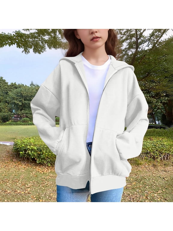Girls Zip Up Hoodie with Cat Ears, Drop Shoulder Long Sleeve Jacket with Pockets, Solid Color Casual Top for Kids 5-15, School Vacation Daily Wear