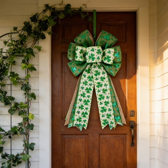 Wovilon Green and White St. Patrick's Day Bow - Classic Shamrock Print, Durable Nylon Ribbon for Multiple Decor Uses