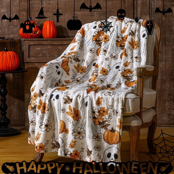 Wovilon Halloween Cute Bohemian Ghost Flannel Blanket Autumning Pumpkin Blanket Sofa Bed Party Decoration