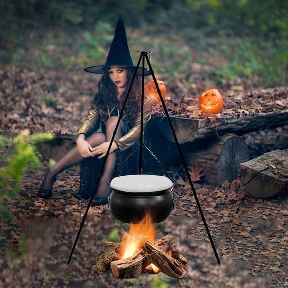 Wovilon Halloween Decorations Outdoor - 12.5" Witches Cauldron on 30.7" Tripod with LED Light - Yard Home Porch Decor Hocus Pocus Candy Bowl (Button Light String, White)
