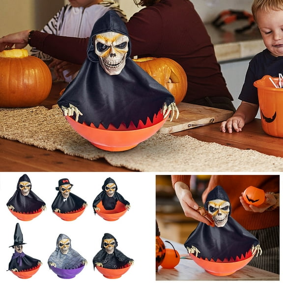 Wovilon Halloween Tree Animated Halloween Skull Bowl- Plastic Skull Candy Bowl With Moving Skeleton Hand - Motion Activated Halloween Skull Candy Bowl