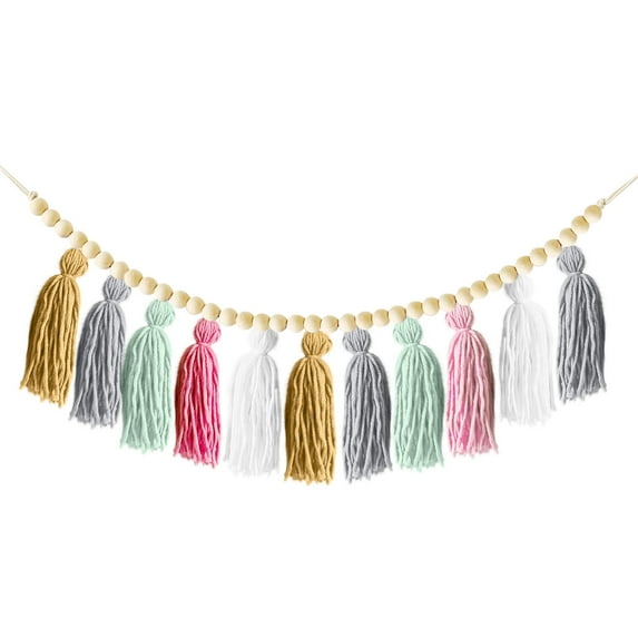 Wovilon Hanging Ornaments Nordic Macaron Wooden Bead Tassel Background Decoration Curtain For Baby Room Party Wall Decoration