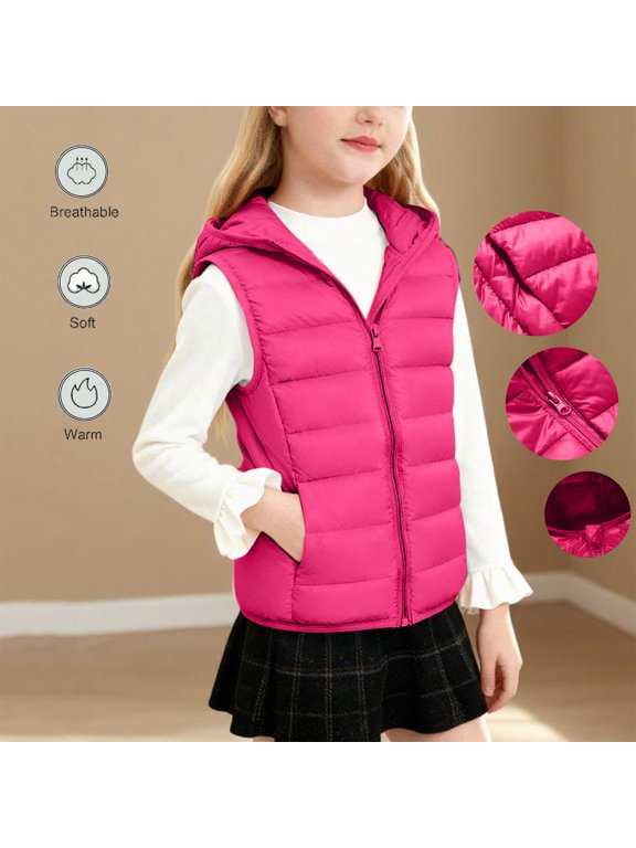 Kids' Hooded Puffer Vest, Sleeveless Quilted Zip-Up Jacket with Side Pockets, Lightweight Layering Outerwear for Girls and Boys Ages 3-14