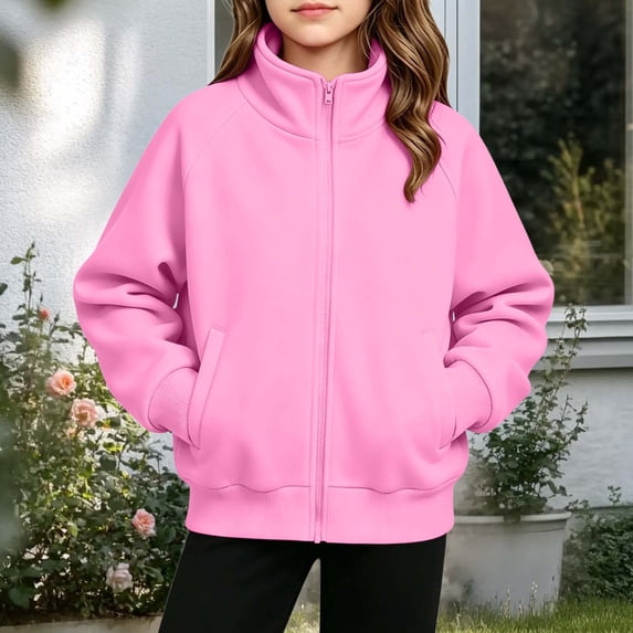 Wovilon Kids' Jacket, Full-Zip Stand Collar with Side Pockets and Thumb Cuffs, Solid Color Fleece for Fall Winter