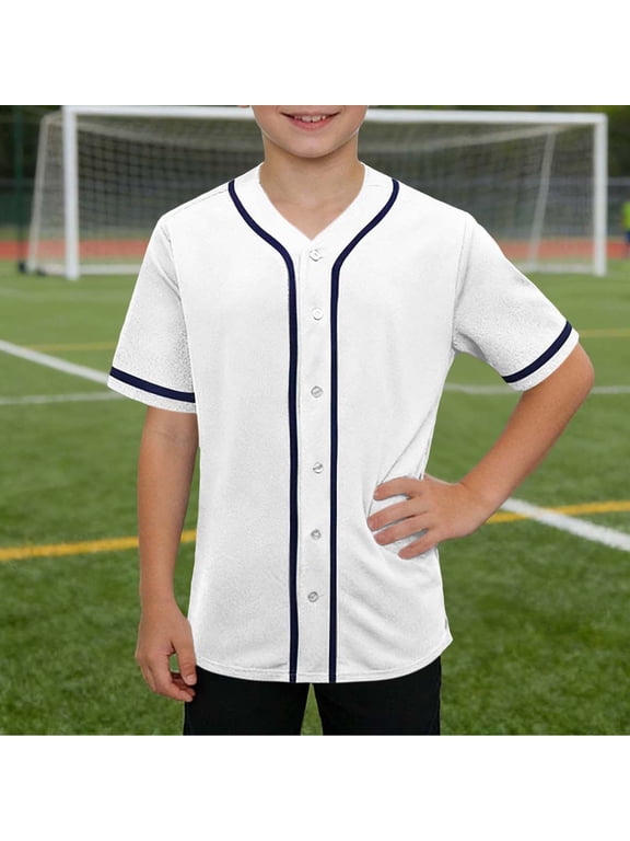 Kids Short Sleeve Button Down Baseball Jersey with Contrast Piping, Breathable Mesh Athletic Tee for Boys and Girls Summer Sports School Team Practice
