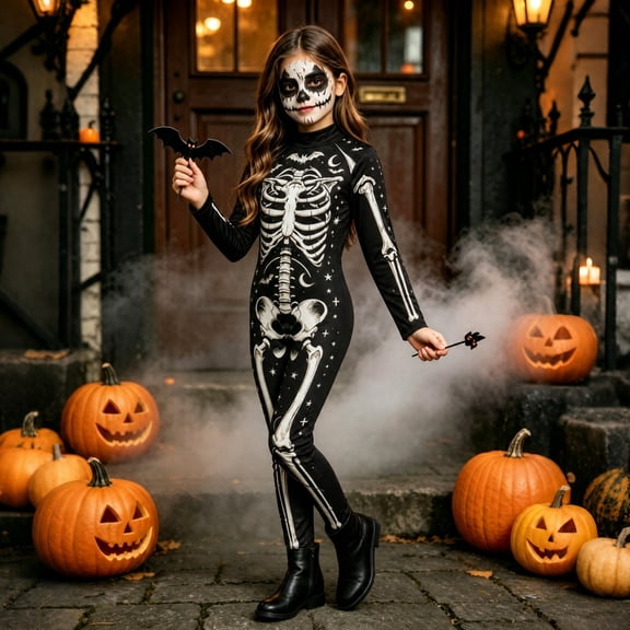 Wovilon Kids Skeleton Bodysuit Halloween Costume Long Sleeve Jumpsuit Unisex Skeleton Print Tight Fit for Boys Girls 5-15 Years