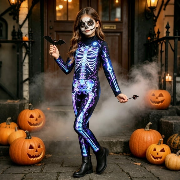 Wovilon Kids Skeleton Bodysuit Halloween Costume Long Sleeve Jumpsuit Unisex Skeleton Print Tight Fit for Boys Girls 5-15 Years