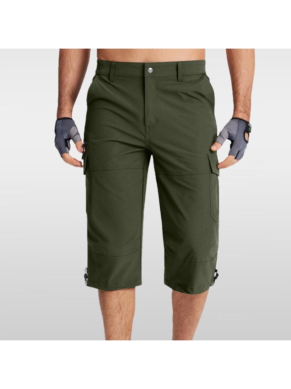 Men's 3/4 Cargo Shorts with Flap Pockets, Button Fly Utility Capri Pants, Relaxed Fit Quick Dry Polyester Trousers, Adjustable Drawstring Hem