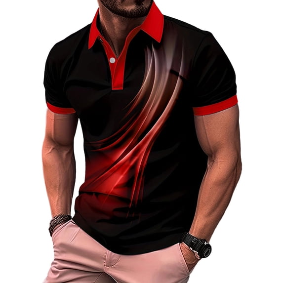 Wovilon Men's Collared Shirt with Abstract Swirl Graphic and Contrast Trim, Short Sleeve Breathable Mesh Performance Top for Golf, Sports, and Casual Summer Wear