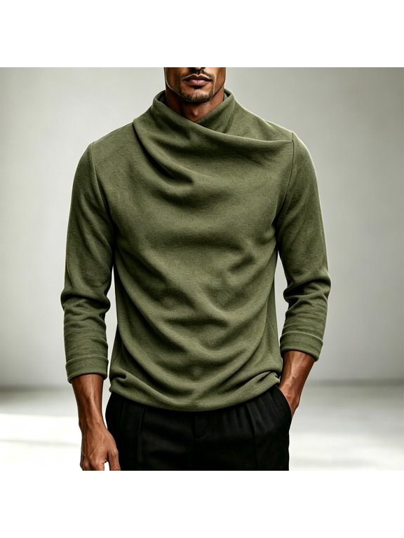 Men's Cowl Neck Long Sleeve Pullover Draped Neck Stretch Knit Relaxed Fit Casual Sweater Top for Fall Winter Layering