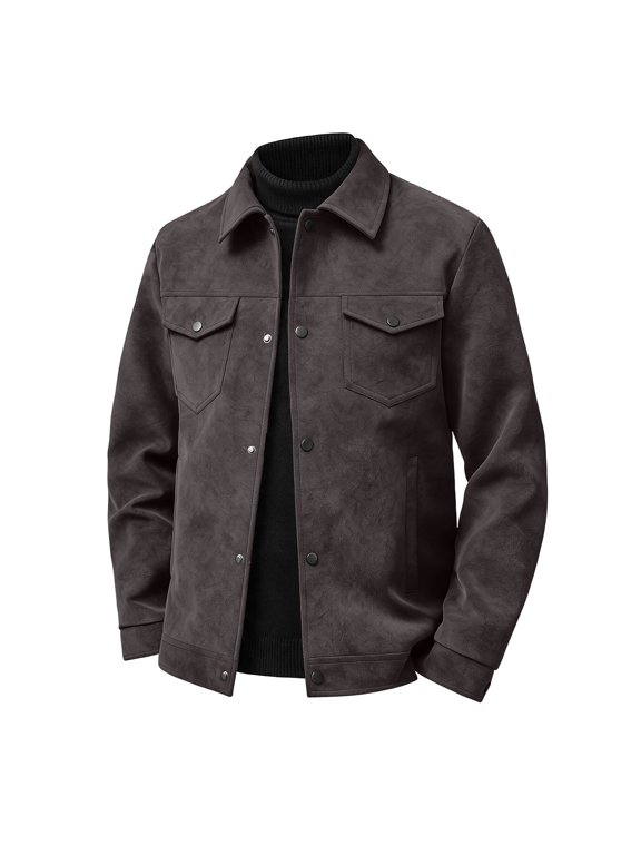 Men's Faux Suede Western Jacket Snap Button Front Spread Collar Long Sleeve Chest Flap Pockets Fall Winter Outerwear