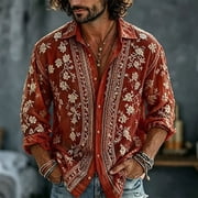 Wovilon Men's Floral Embroidered Button-Up Shirt, Long Sleeve Collared Loose Fit Breathable for Vacation Party