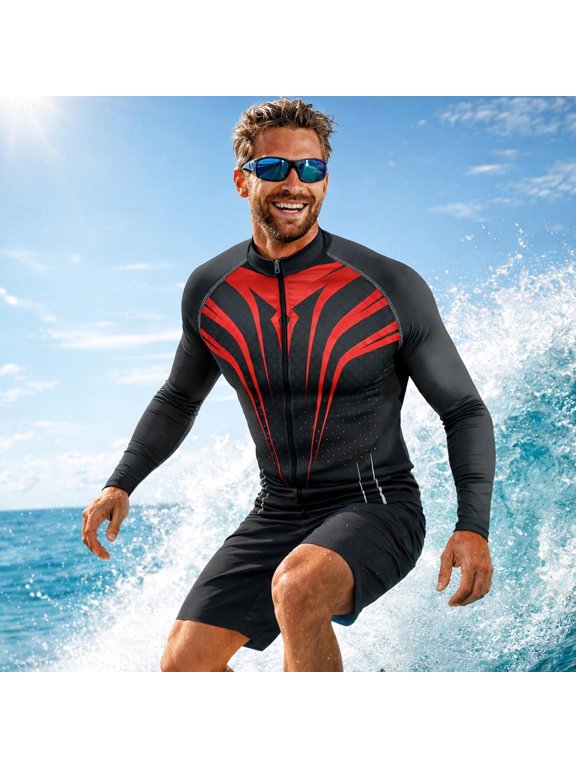 Men's Long Sleeve Zipper Rash Guard Surf Swim Set, Slim Fit Athletic Top and Shorts with Drawstring for Water Sports Beach Vacation