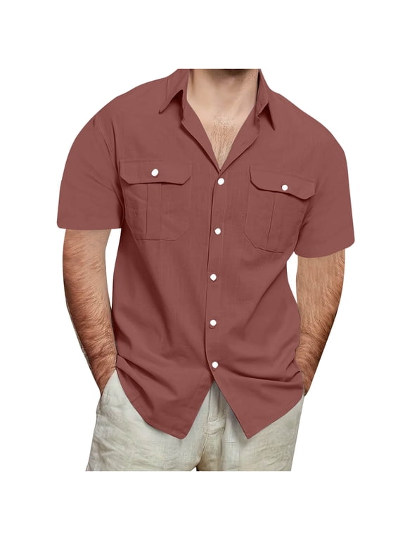 Men's Short Sleeve Button Down Shirt with Two Flap Pockets, Cotton Linen Blend Casual Summer Top, Vintage Solid Color Vacation Shirt for Beach Daily Wear