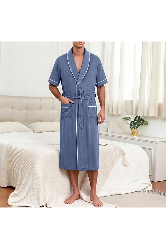 Men's Short Sleeve Modal Bathrobe with Pockets, Lightweight Summer Kimono Robe for Home Relaxation, Vacation and Daily Wear