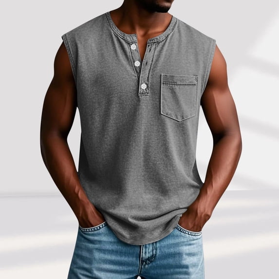 Wovilon Men's Sleeveless Henley Shirt with Chest Pocket, Half Button Down Round Neck Casual Tank Top, Summer Workout Muscle Tee for Daily Wear Gym Vacation Men's T-Shirt