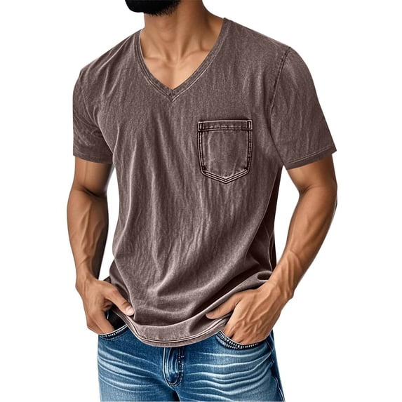 Wovilon Men's Washed V-Neck Short Sleeve T-Shirt with Chest Pocket and Contrast Stitching, Comfortable Casual Summer Tee for Daily Wear, Travel, and Weekend Outings