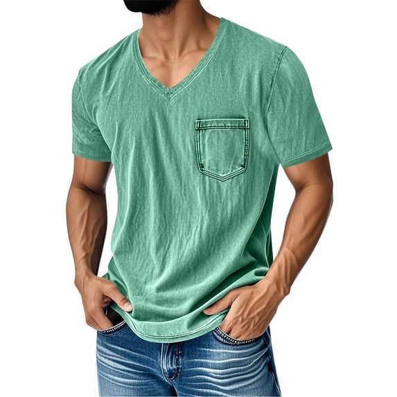Wovilon Men's Washed V-Neck Short Sleeve T-Shirt with Chest Pocket and Contrast Stitching, Comfortable Casual Summer Tee for Daily Wear, Travel, and Weekend Outings