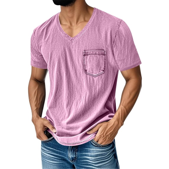 Wovilon Men's Washed V-Neck Short Sleeve T-Shirt with Chest Pocket and Contrast Stitching, Comfortable Casual Summer Tee for Daily Wear, Travel, and Weekend Outings