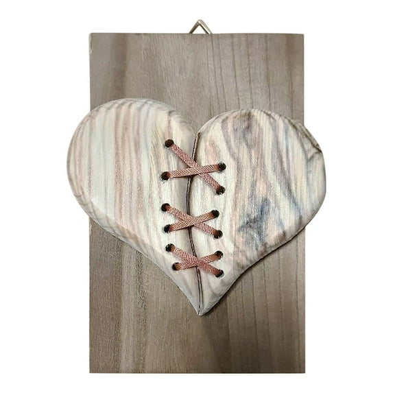 Wovilon Mothers Day Gifts Home Decor Wood Broken Heart Leather Stitched Wood Sculpture Wall Decor Gift