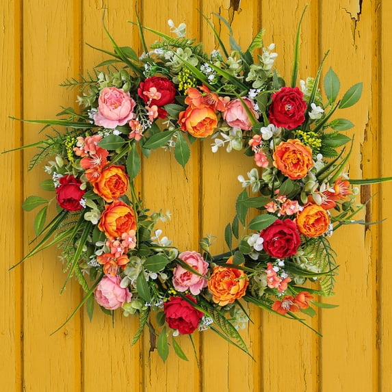 Wovilon Peony Floral Twig Wreath 17.7 Inch, Handmade Artificial Flowers Bow Garland Front Door Wreath, Valentine's Day Gift Valentine's Decor