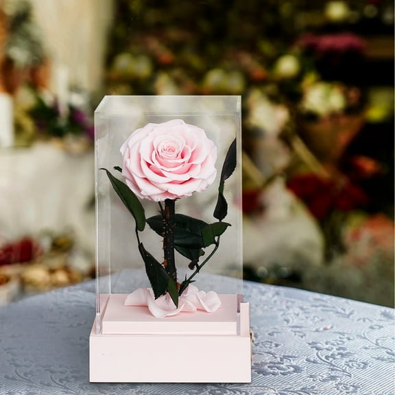Wovilon Preserved Rose Enchanted Pink Rose in Acrylic Cuboid Box, Romantic Home Decor Gifts for Women Valentines Day Christmas Mothers Day Wedding Anniversary Birthday